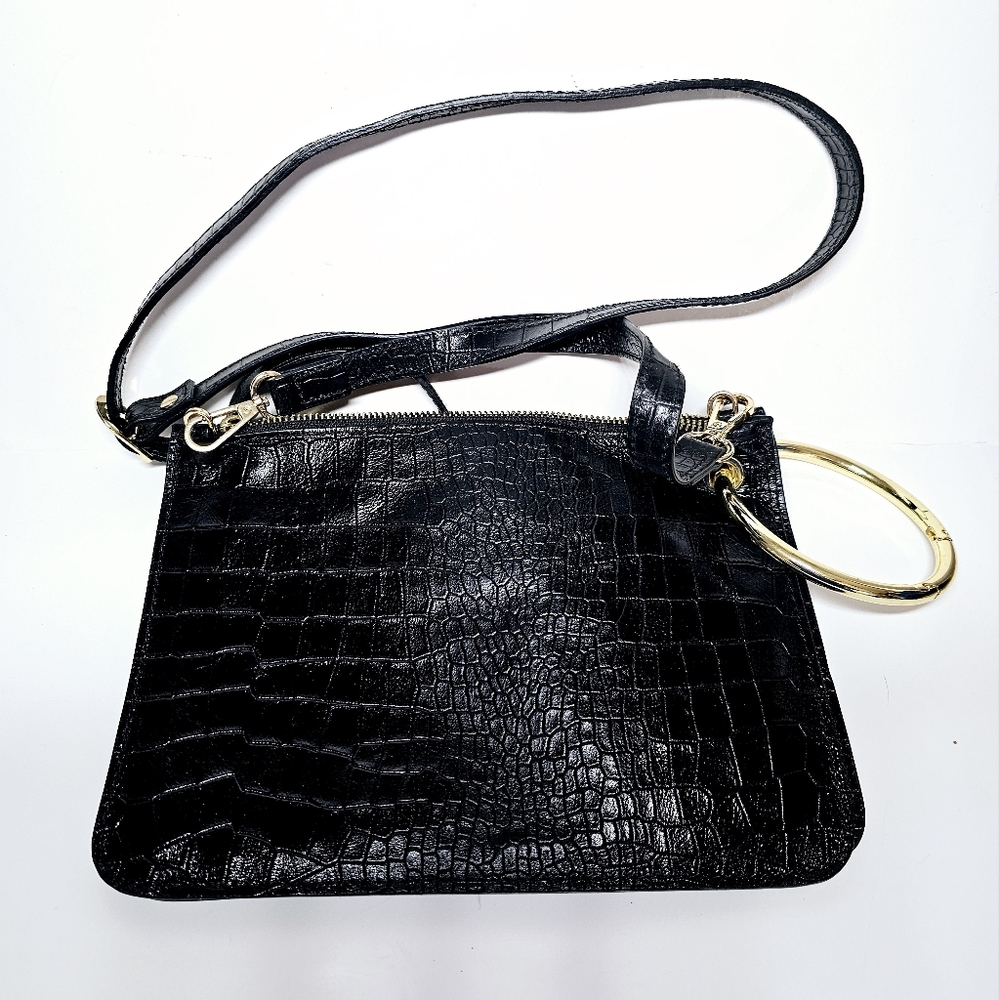 Divina Firenze Crocodile Print Leather Black Crossbody Purse 2 Zip Pockets Hoop